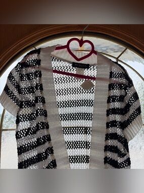 Mingle Open-Knit Black and White Striped Cardigan